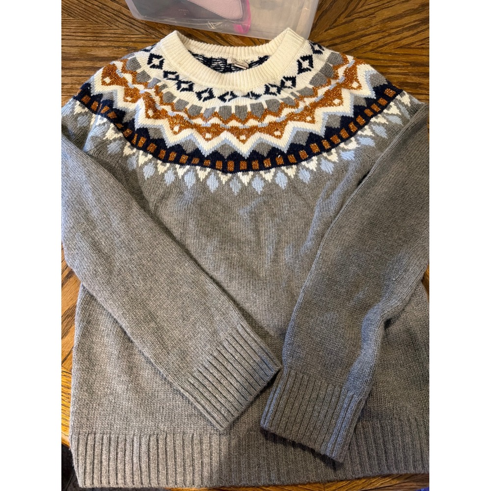 J.Crew Grey Fair Isle Merino Wool Blend Metallic Sweater S F9167 HO16